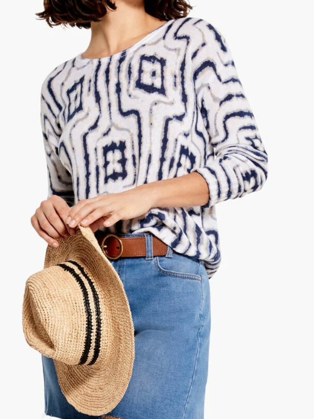 NIC+ZOE Navy & White Geometric Print Long Sleeve Top
